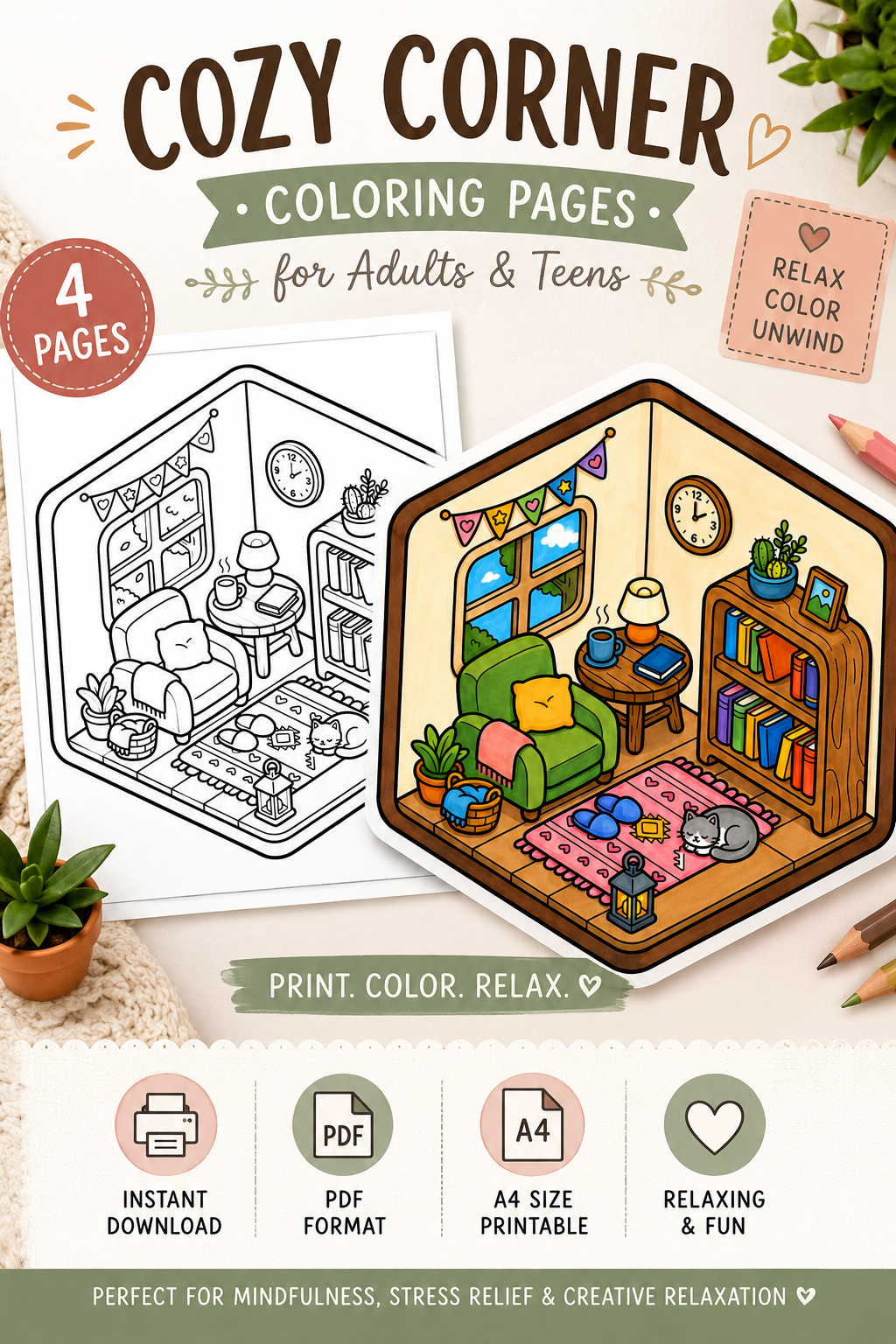 Free Free Cozy Corner Coloring Pages for Adults (4 Printable PDF Pages) | Relaxing Reading Nook Coloring Sheets printable — PDF download